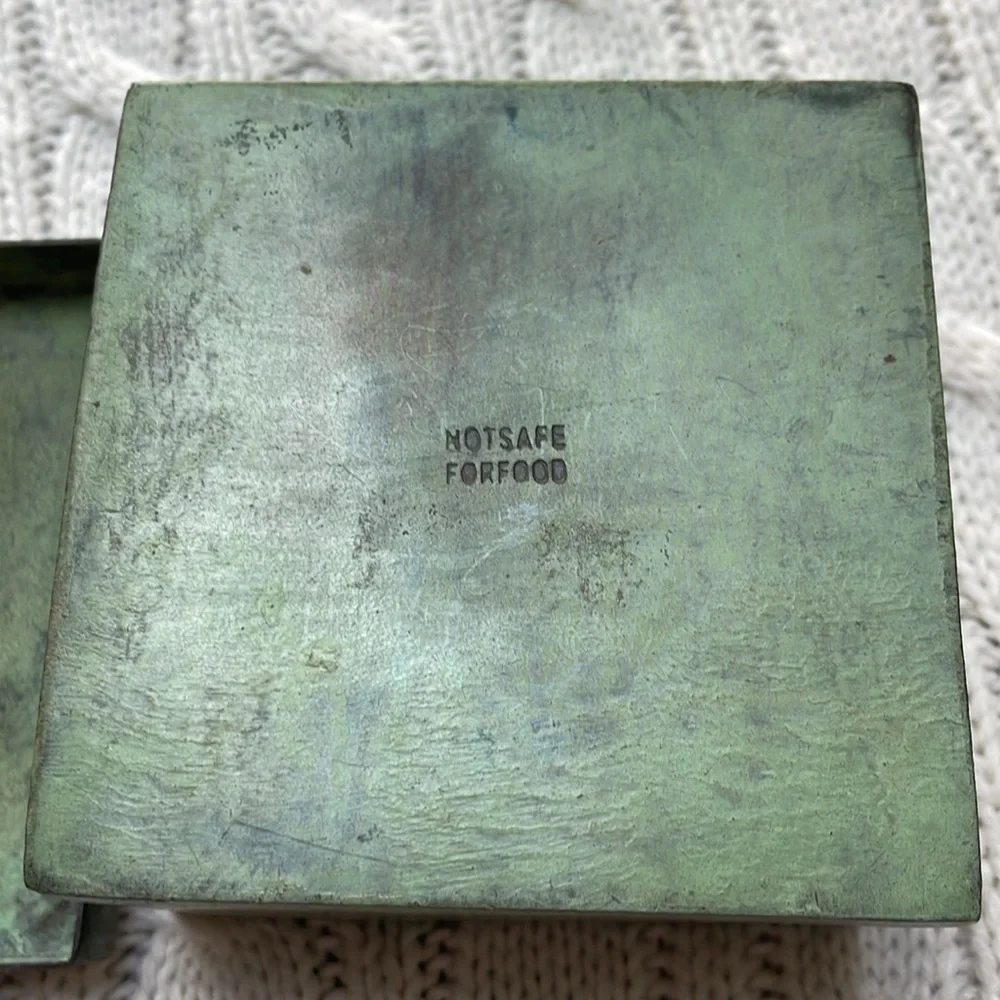 Metal dragonfly trinket box with lid 3.5” square 2” tall. Green painted finish